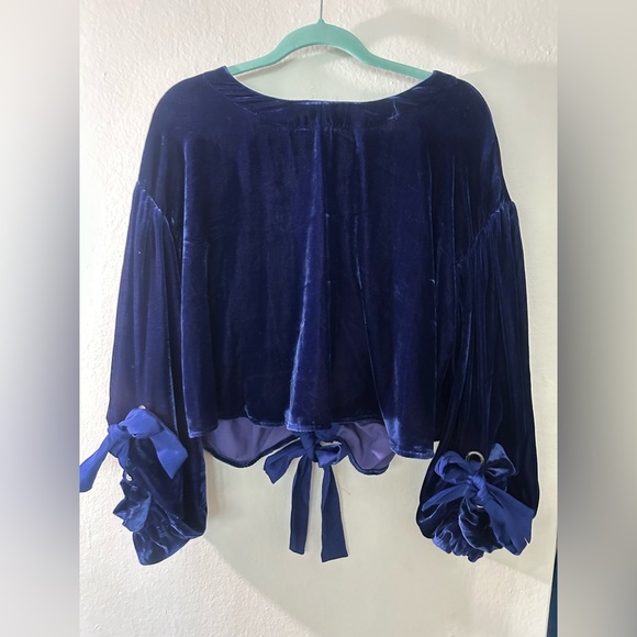 Free People Blue Velvet Blouse with Open Back and Tie Details - Picture 4 of 6